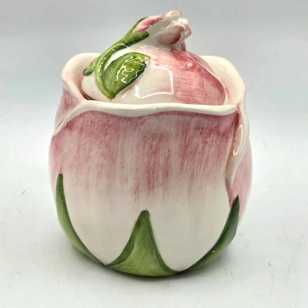 European Style Pink Rose Bud Shaped  Sugar Bowl with Lid Vintage